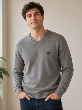 Chaps Gray V-Neck Cotton Sweater Men’s Medium